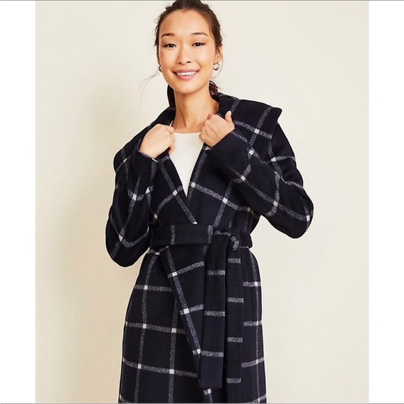 ANN TAYLOR Windowpane Shawl Collar Wrap Coat - Picture 1 of 4